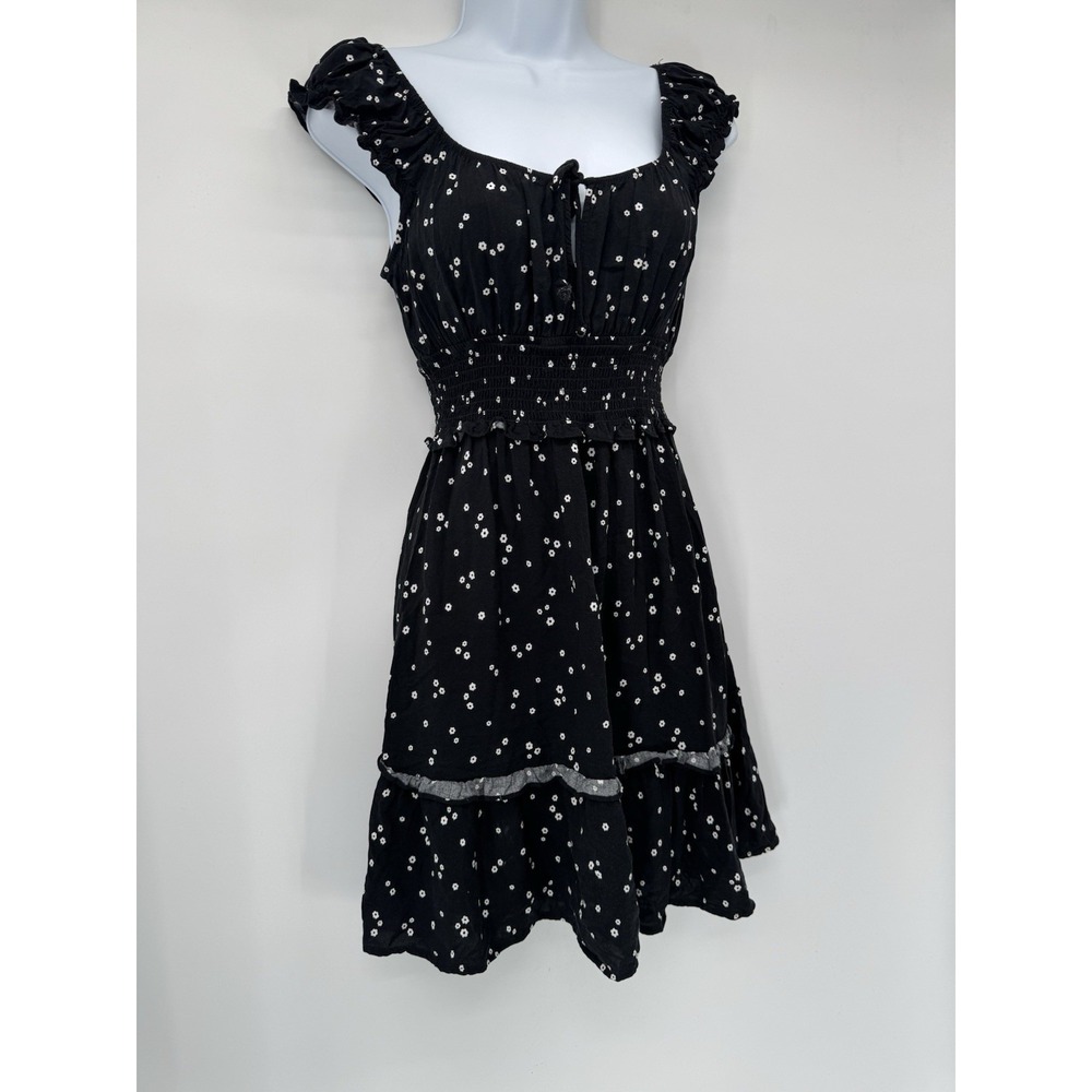 Wild‎ Fable Black Floral Smocked Ruffle Mini Milkmaid Wench Dress whimsigoth